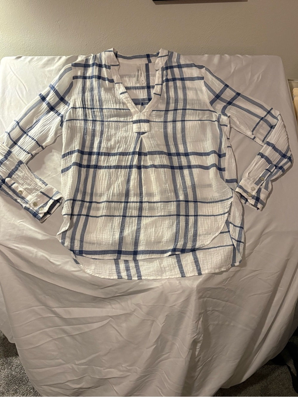 Liverpool White and Blue Plaid Tunic Top